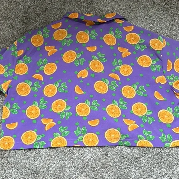 Orange Pattern Short Sleeve Crop Top Button Down Shirt Women’s Size Medium - Picture 8 of 8